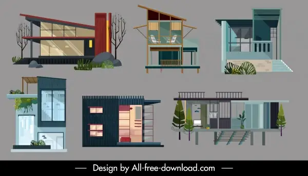 residential houses icons collection colored contemporary sketch