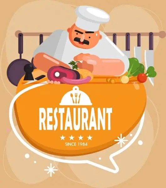 restaurant background cook food kitchenware icons classical design