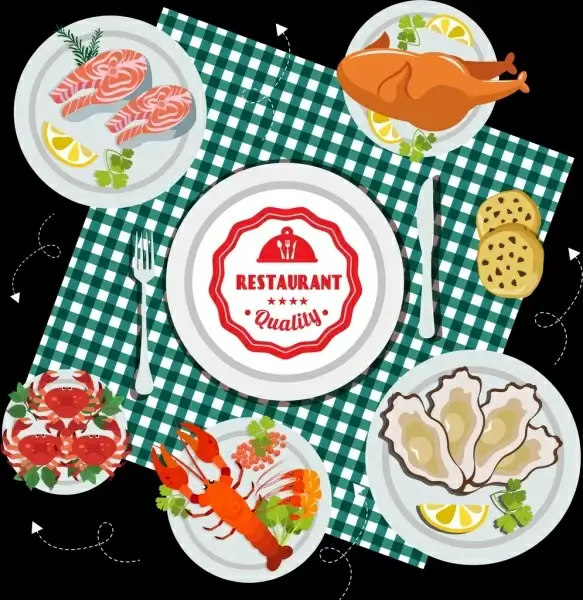 restaurant background dishware seafood icons decor