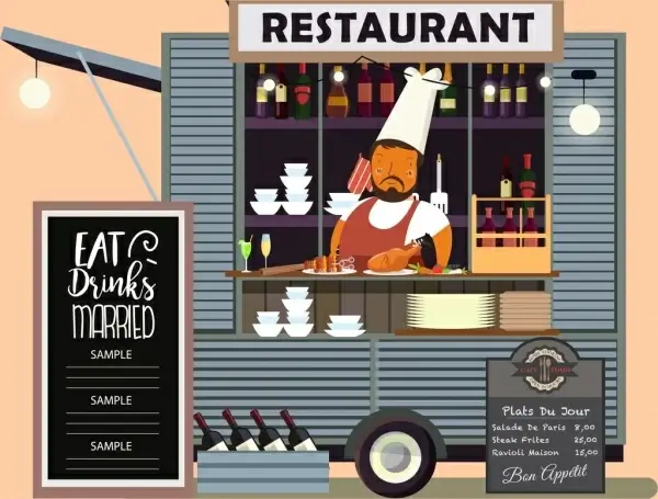 restaurant background mobile booth cook icon cartoon design