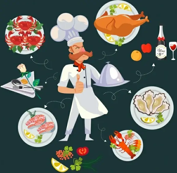 restaurant design elements cook food icons cartoon design