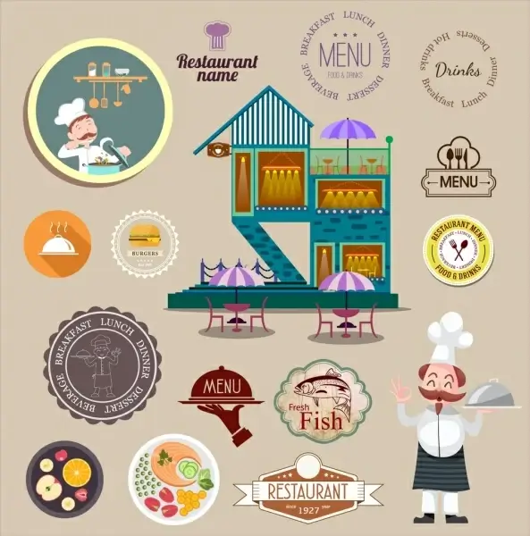 restaurant design elements stamps logo food cook icons