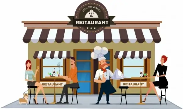 restaurant exterior drawing cook diners icons colored cartoon
