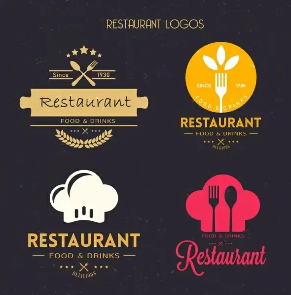 restaurant logotypes kitchenwares icons flat vintage decor