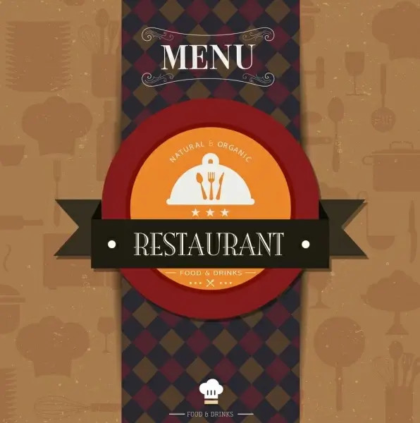 restaurant menu cover template ribbon circle checkered decor 