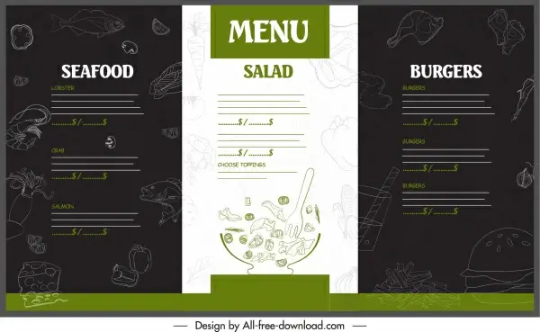 restaurant menu template handdrawn decor contrast design
