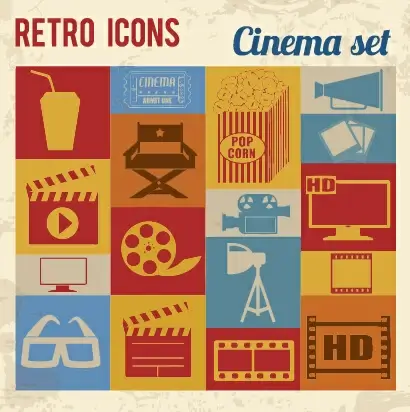 retro cinema flat vector icons