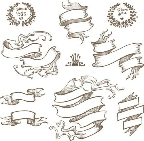 retro hand drawn ribbon with ornaments vector