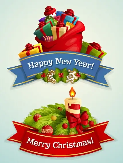 ribbon christmas with new year labels vector