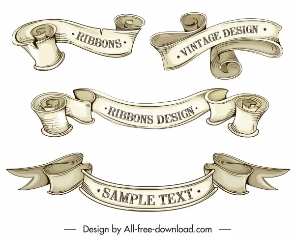 ribbon templates 3d retro handdrawn design curled shapes