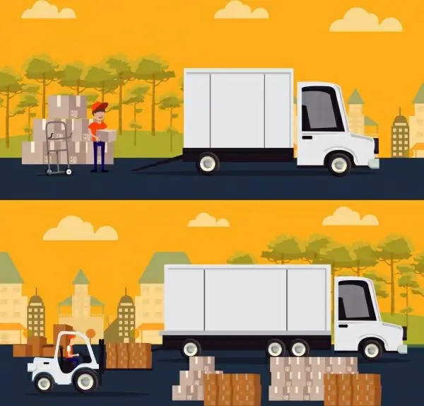road logistic drawings truck boxes man icons