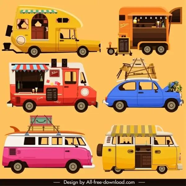 road vehicles icons classical van car bus sketch