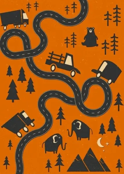 roadway map sketch black design cars animals icons
