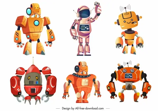 robots icons colored modern humanoid design