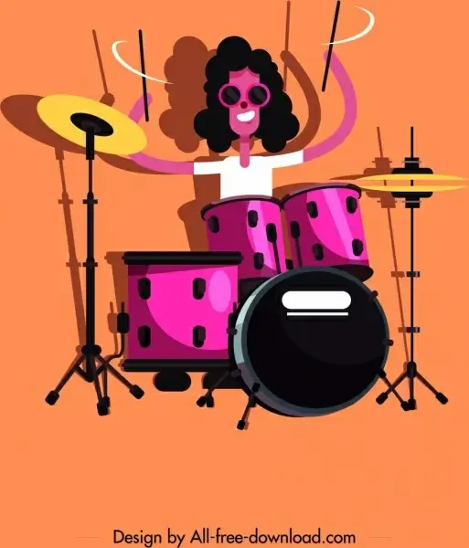 rock drum player icon colored cartoon character