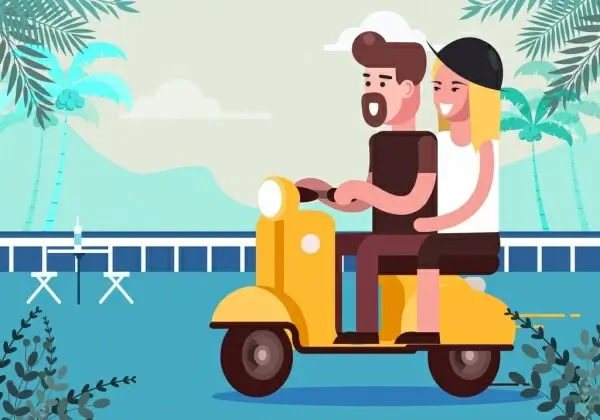 romance background couple riding scooter cartoon design