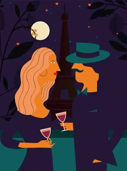 romantic drawing france night background colored cartoon