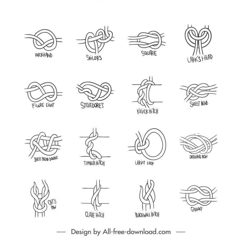 rope knot instruction icon sets black white handdrawn sketch