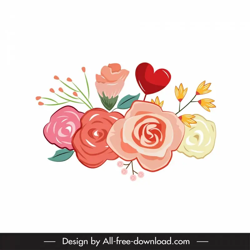 rose valentine design elements colorful handdrawn retro sketch