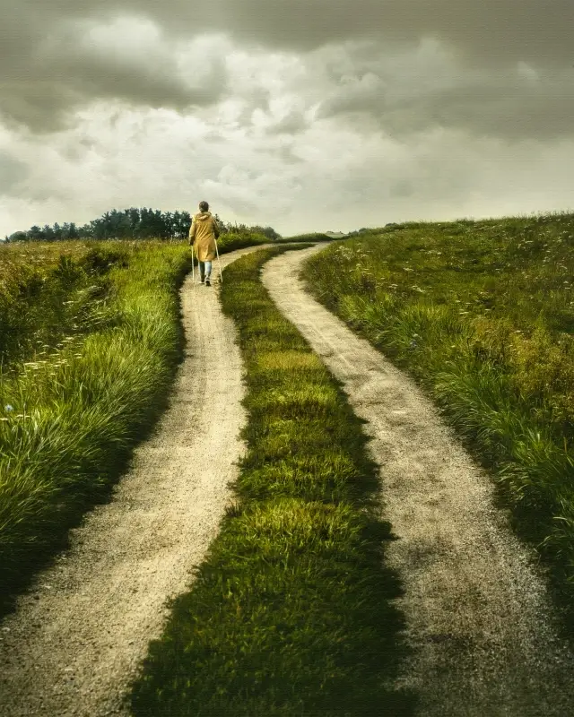 rural scenery picture person walking empty path  
