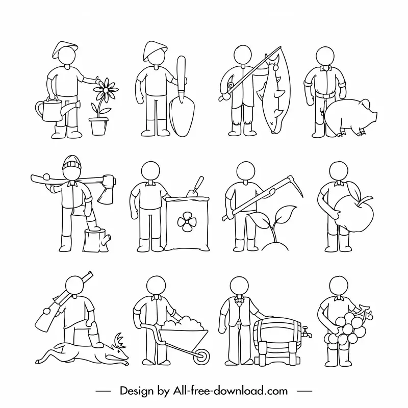 rural works icons collection flat handdrawn outline 