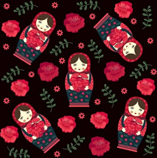 russia background traditional doll roses icons repeating design