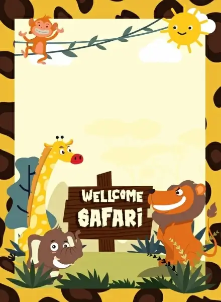 safari advertising banner animals icons colorful cartoon characters