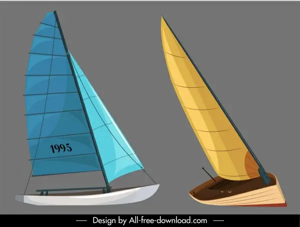 sail boat icons colored 3d sketch