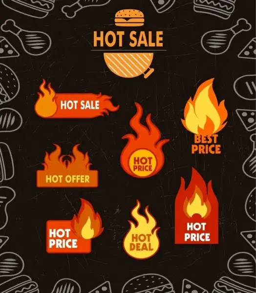 sale banner fire fast food icons ornament