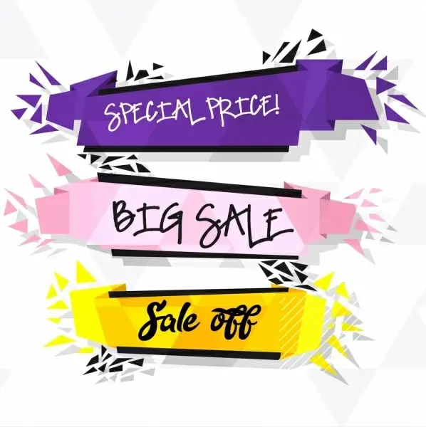 sale banner templates 3d violet purple yellow ribbons