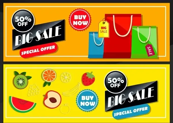 sales banner templates fruit bags icons colorful design