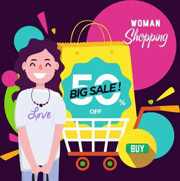 sales banner woman shopping design elements decor