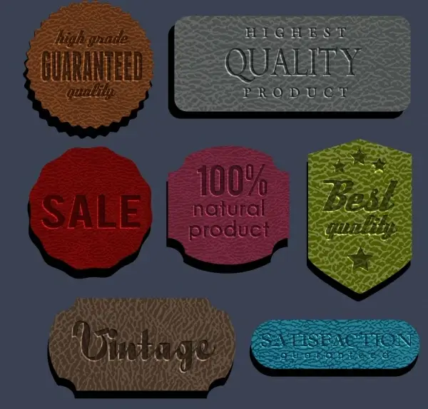 sales tags collection leather background various colored shapes