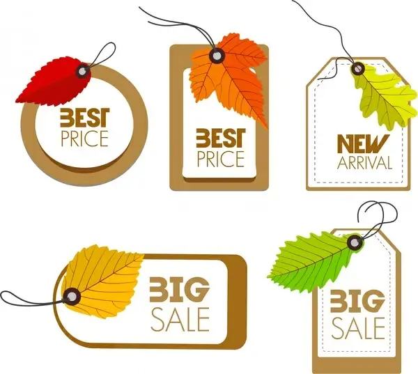 sales tags collection various shapes with leaves design