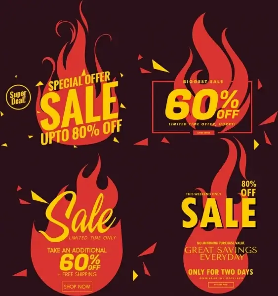sales tags templates red fire icon texts decor