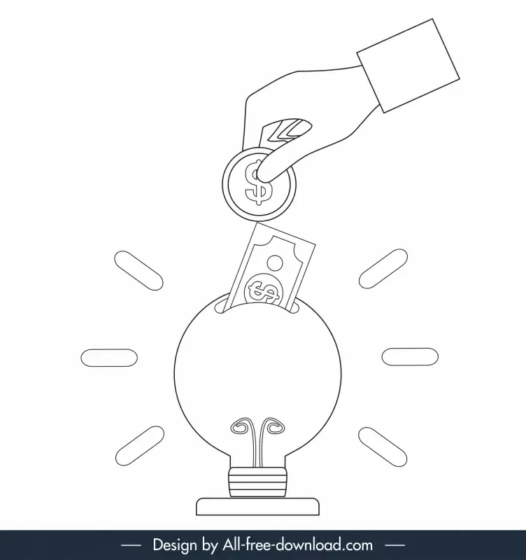 saving investment solution icon black white lightbulb money coin hand sketch