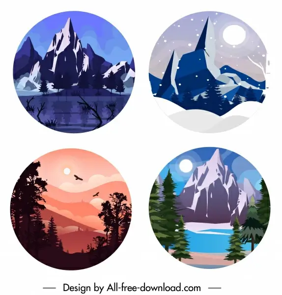 scenic backgrounds mountain forest lake sketch circle isolation