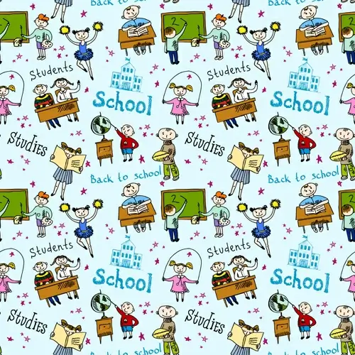 school elements with students seamless pattern vector