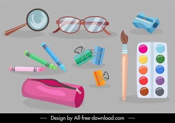 school supplies icons objects sketch colorful design