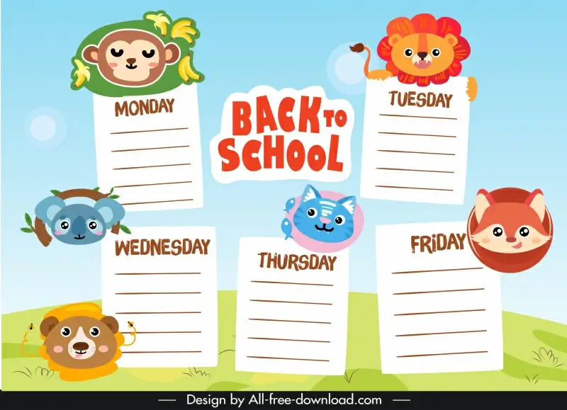 school timetable backdrop template cute cartoon animals face sketch