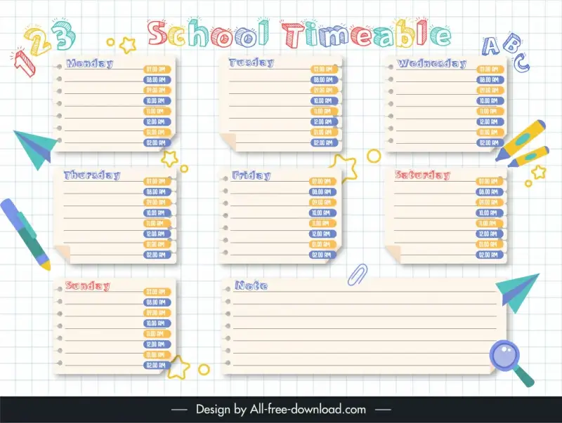school timetable template classical handdrawn texts numbers educational elements sketch