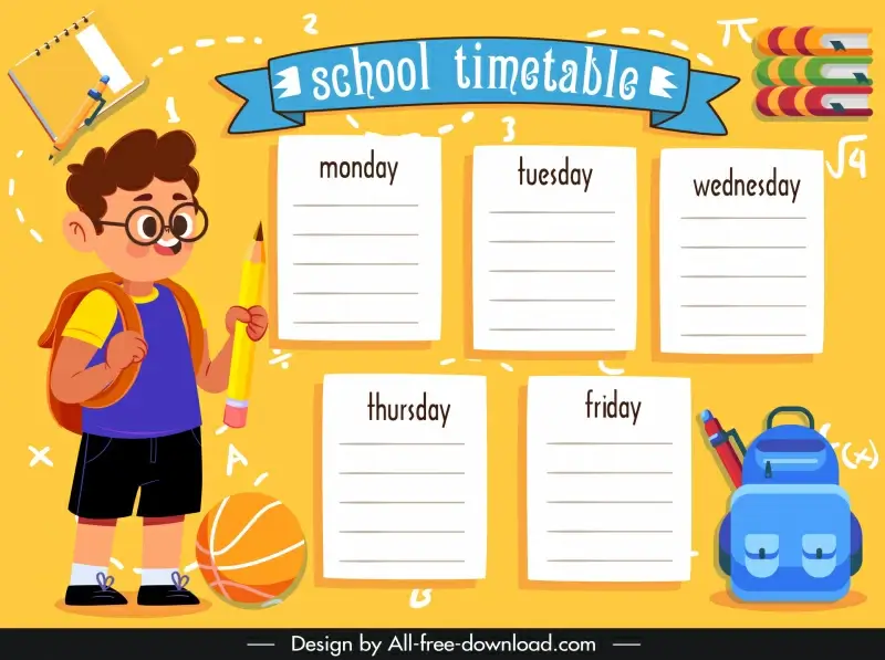 school timetable template cute cartoon schoolboy educational elements sketch