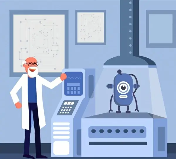 science background scientist robot icons cartoon design