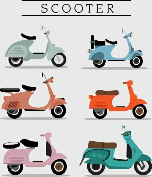 scooter icons collection colored retro design