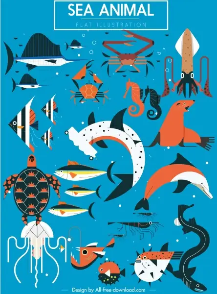 sea animals icons colored classic flat sketch