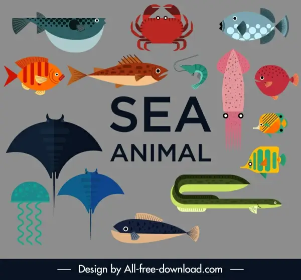 sea animals icons colored flat sketch