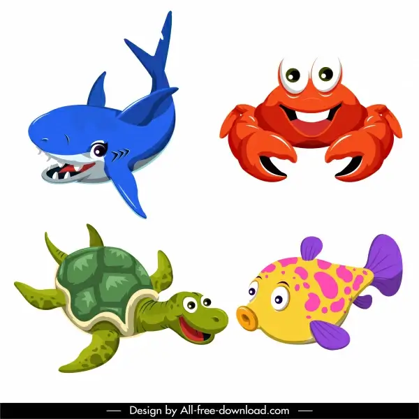 sea animals icons cute cartoon sketch colorful design