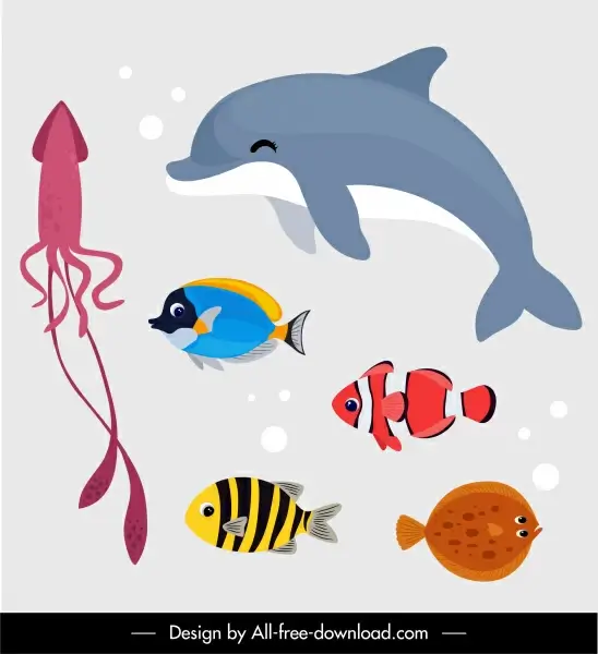 sea animals icons fishes squid dolphin sketch