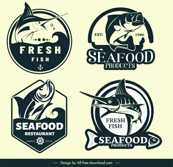 sea food logotypes dynamic handdrawn fish sketch