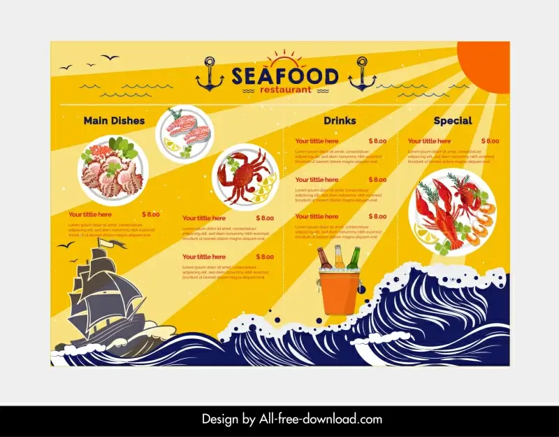  sea food restaurant menu template dynamic waves ship